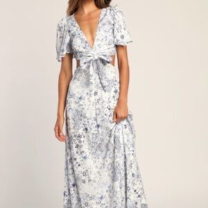 Lulus Stroll The Avenues White Floral Print Tie-front Maxi Dress - Size L